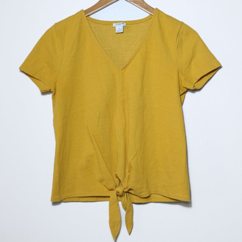 J. Crew Mustard Yellow V Neck Short Sleeve Textured Tie Front Blouse Size XS
